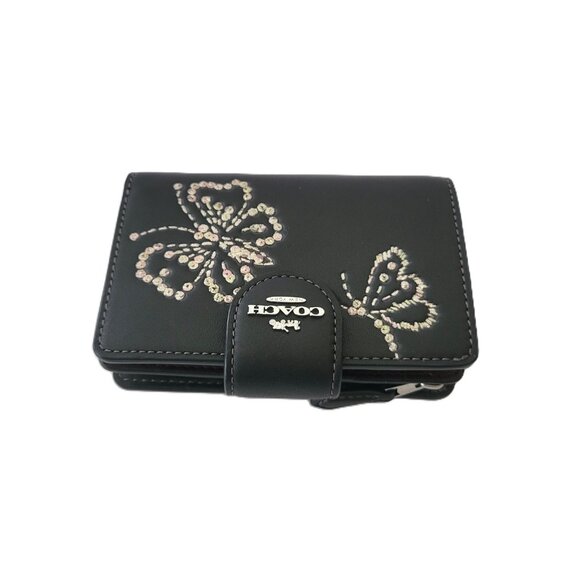 Coach CCL65 Medium Corner Zip Butterfly Print Bifold Wallet Smooth Leather Black - Picture 6 of 8